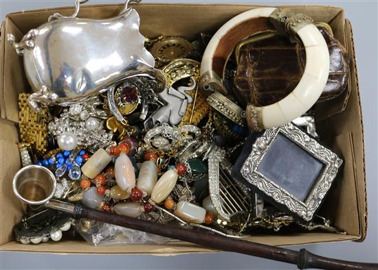 Mixed costume jewellery and silver items including a cream jug.